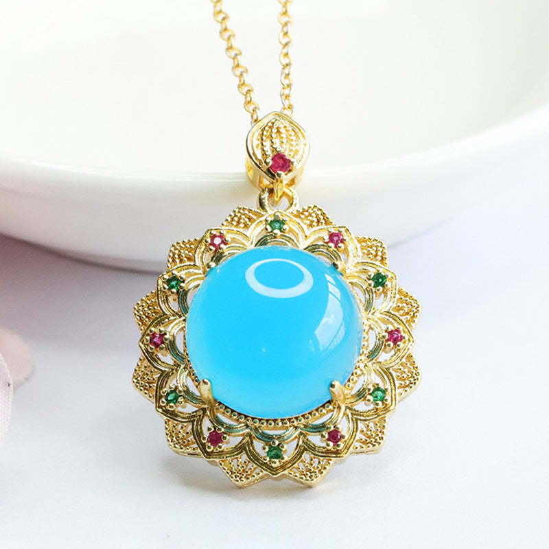 Ice Blue Chalcedony Zircon Sunflower Pendant