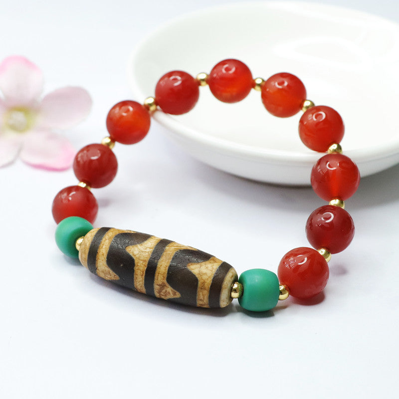 Heavenly Red Agate and Chalcedony Bracelet with Tiger Teeth Accent