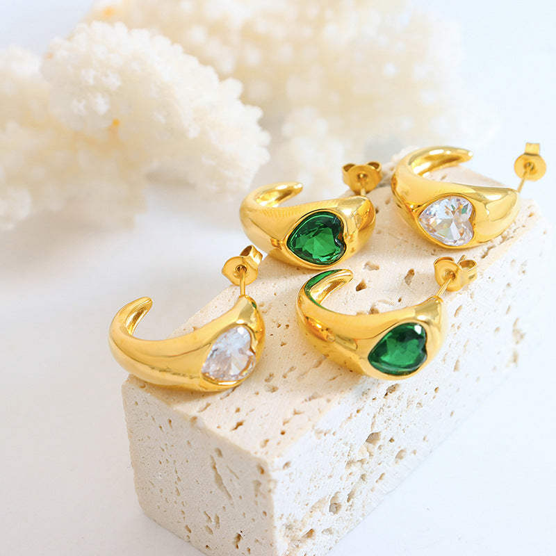 Green and White Glass Stone Love Earrings with 18k Gold Plating