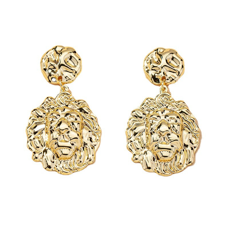 Metal Lion Head Earrings - Retro Exaggerated Fashion Jewelry for Women