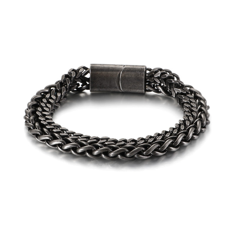 Vintage-inspired Dual-Chain Engraved Barbell Titanium Steel Men's Bracelet