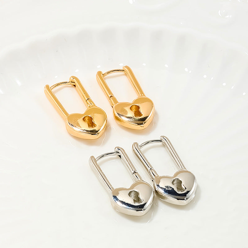 Metal Heart Pins and Lock Buckles Earrings - French Light Luxury Style