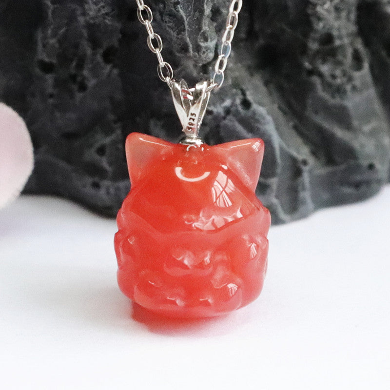 Nine Tailed Fox Sterling Silver Agate Pendant Necklace