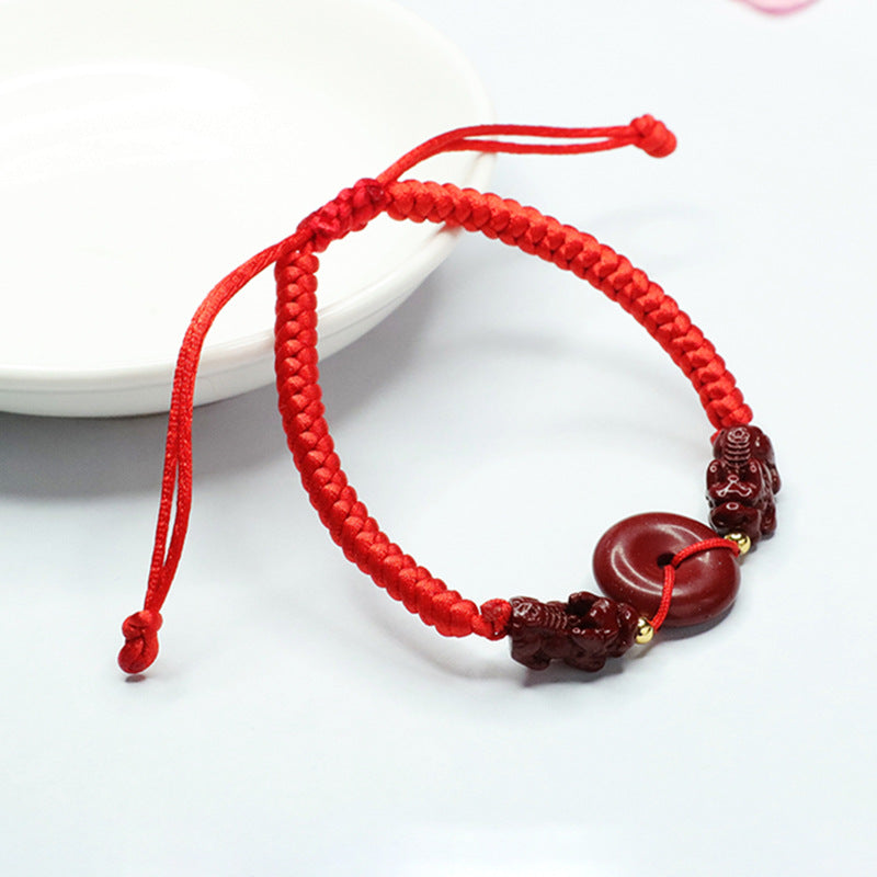 Double Pixiu Cinnabar Stone Bracelet with Sterling Silver Buckle