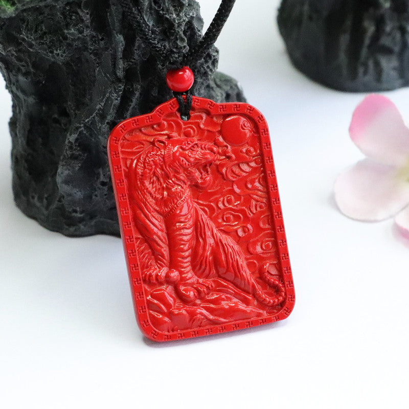 Cinnabar Tiger Square Sterling Silver Pendant with Vermilion Stone