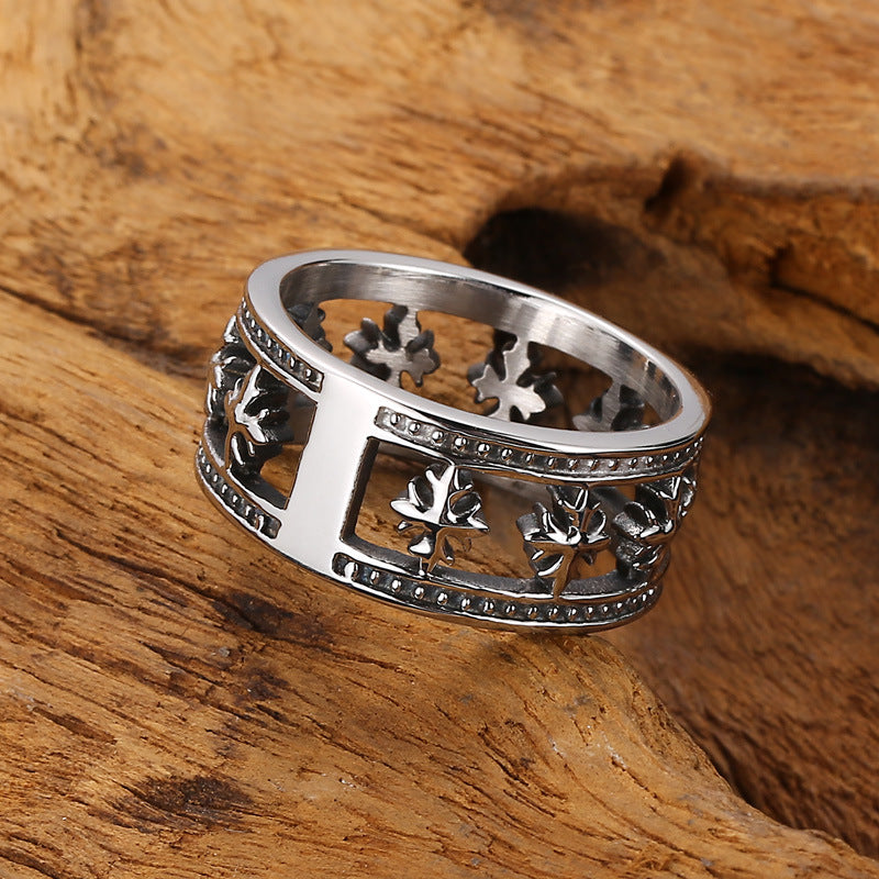 Trendy Men's Titanium Steel Ring with Hollow Cross Flower Design - European and American Style