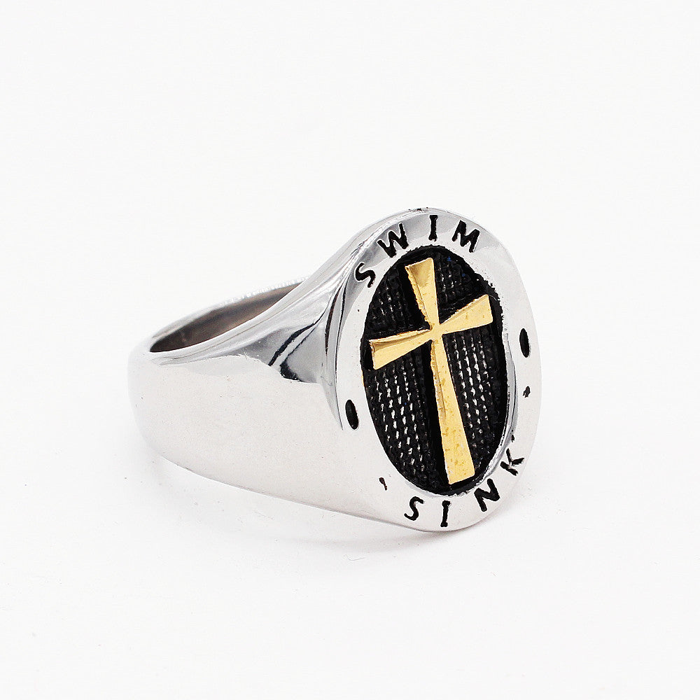 Latin Cross Oval Polished Titanium Steel Ring for Men