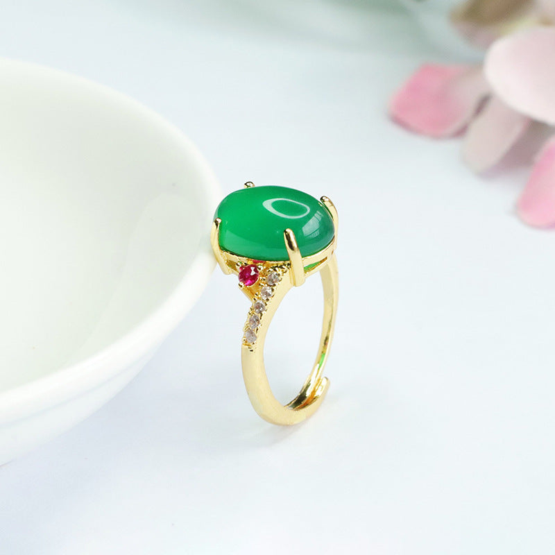 Imperial Green Chalcedony Zircon Ring with Sterling Silver