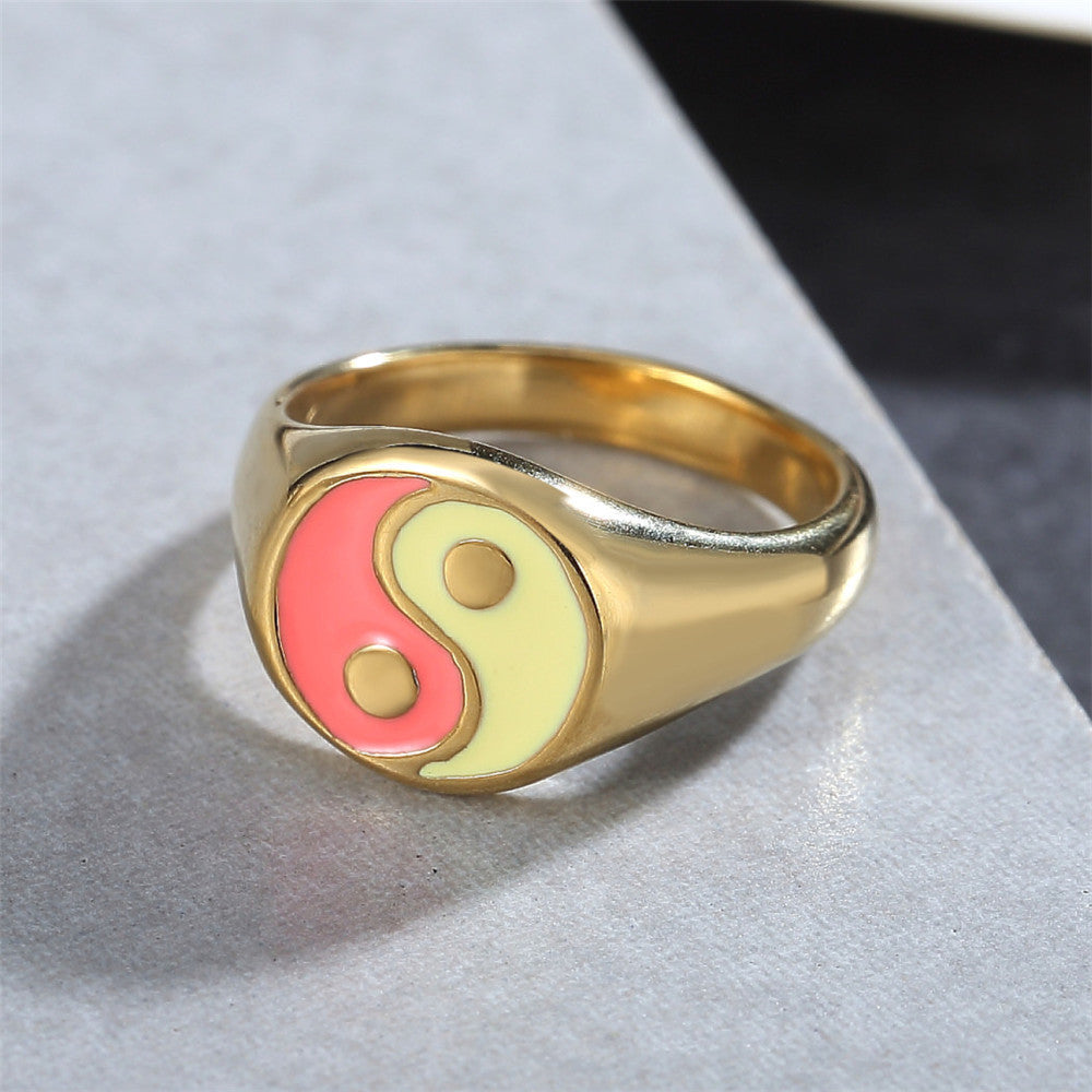 18K Gold-plated Tai Chi Bagua Yin and Yang Titanium Steel Ring for Women - Waterproof and Non-fading Jewelry