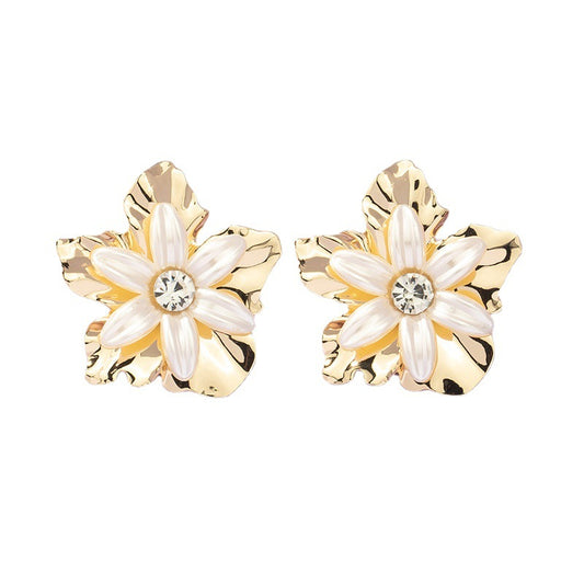 Exaggerated Metal Pearl Flower Earrings Set - Vienna Verve Collection