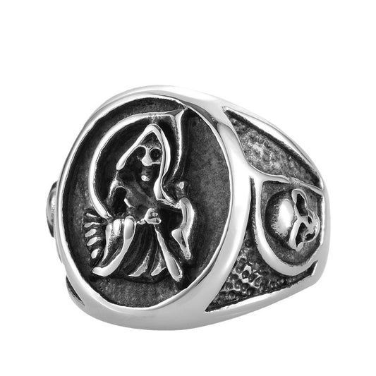 Titanium Steel Reaper Skull Ring for Men - European and American Creative Sickle Design