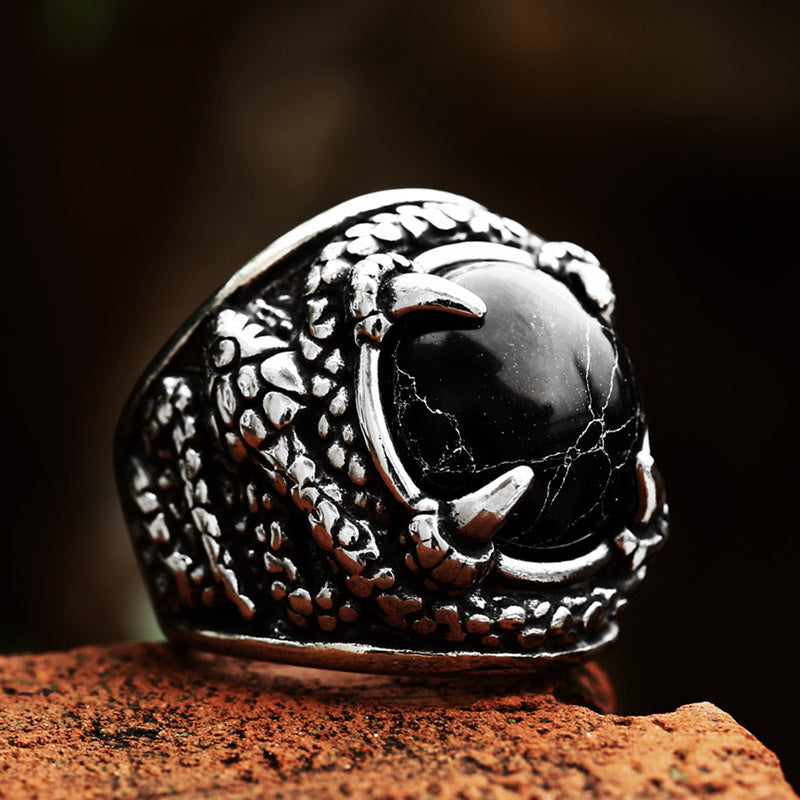 Retro-Inspired Titanium Steel Serpentine Ring with Black Turquoise Inlay for Men - European and American Design, Wholesale Available