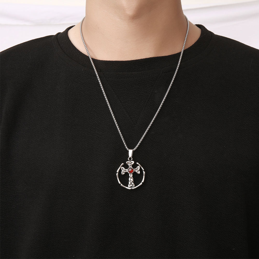 Titanium Steel Woven Cross Necklace with Red Zircon, Custom Gothic Rock Pendant for Men