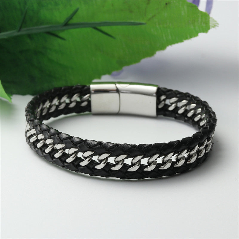 Men's Titanium Steel Punk Leather Bracelet with Woven Hollow Chain Design