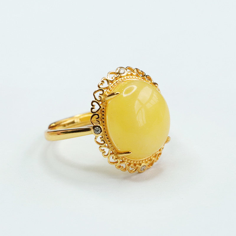 Love Hollow Sterling Silver Adjustable Beeswax Amber Ring