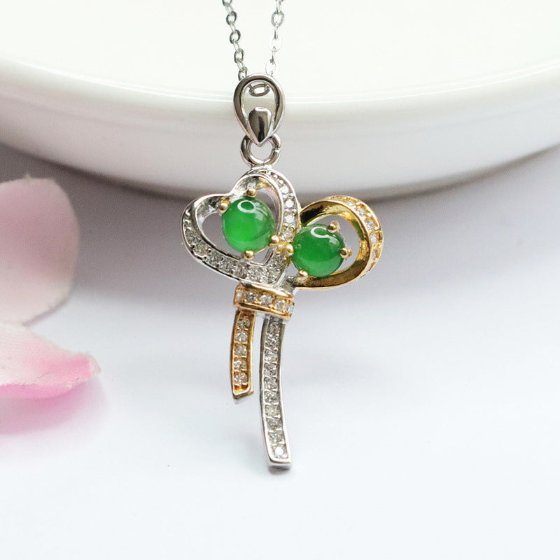 Emperor's Jade Bow Necklace: Sterling Silver with Green Jade and Zircon