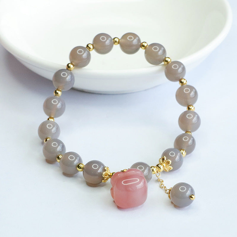 Purple Chalcedony Sterling Silver Bracelet with Peach Tassel