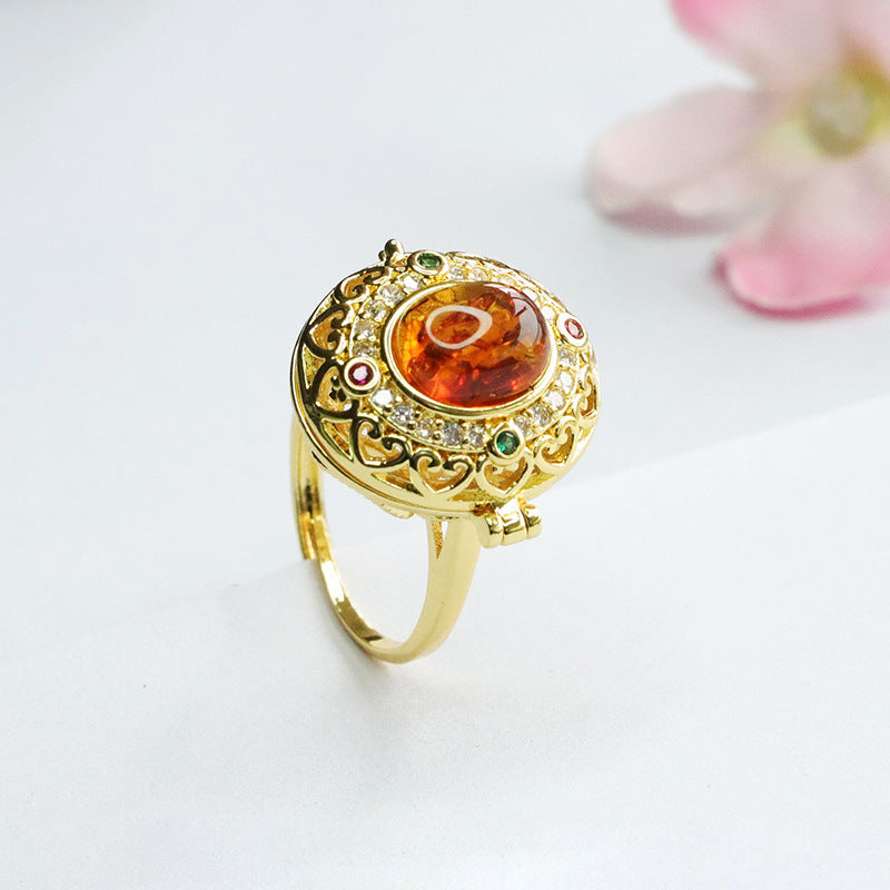 Amber Flower Bud Sterling Silver Adjustable Ring