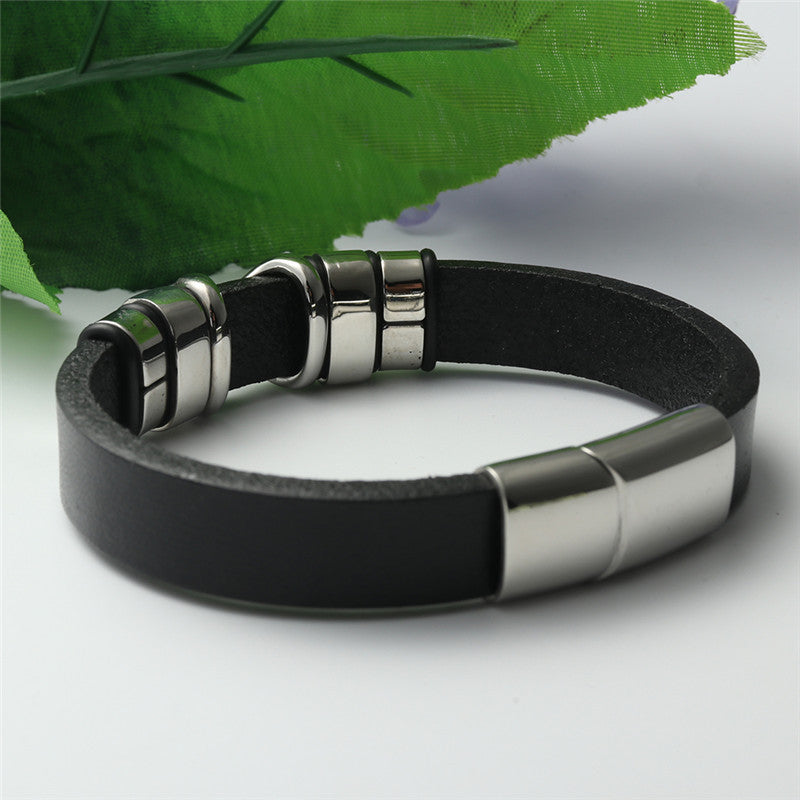 Titanium Steel Hollow X-Shaped Punk Leather Bracelet for Men - Woven Skull Design