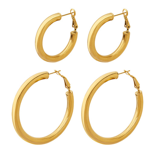 Fashionable Titanium Steel Gold-Plated Hollow Round Tube Earrings