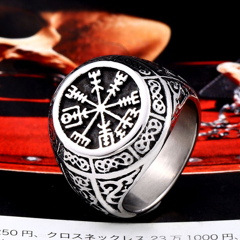 Viking Compass Titanium Steel Men's Ring - Retro Nordic Design for Wholesale