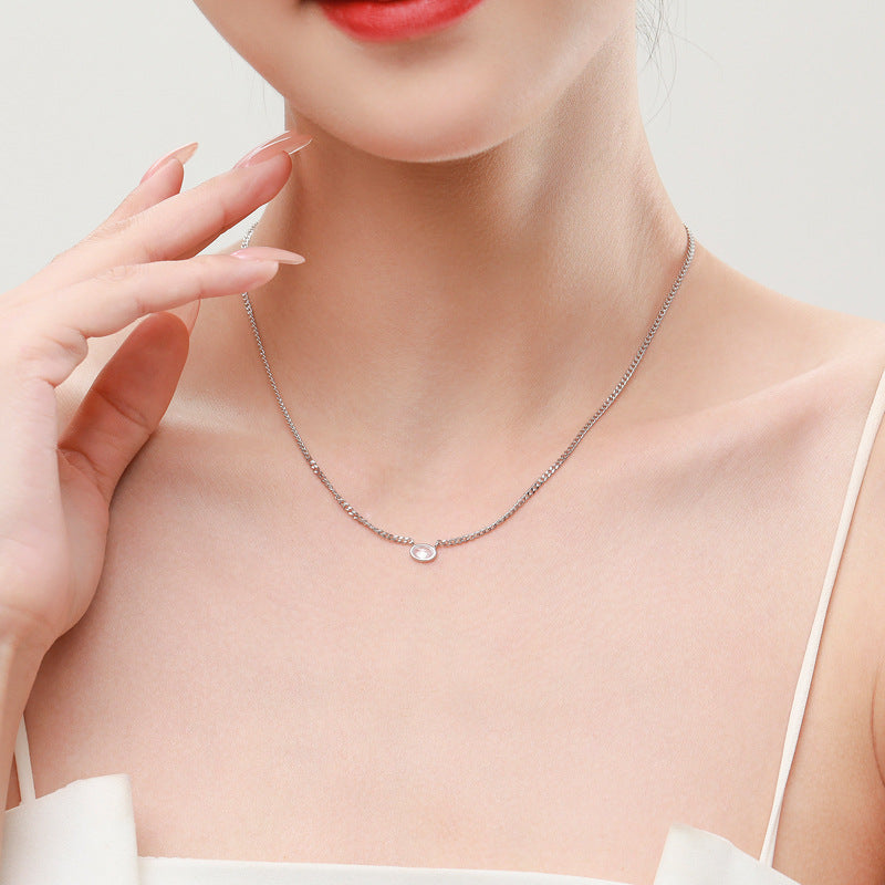 Silver Zircon Necklace with Cuban Chain Pendant for Women