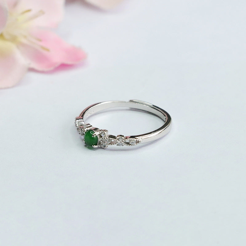 Ice Green Jade Zircon Hollow Ring with Sterling Silver Frame