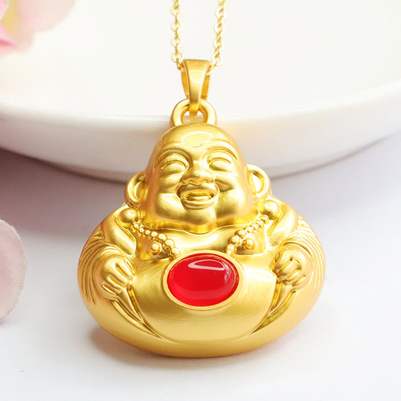 China-Chic Sterling Silver Maitreya Buddha Pendant with Natural Red Agate and Green Chalcedony