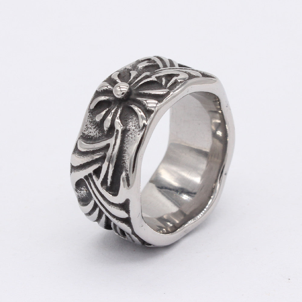 Cross Flower Wavy Titanium Steel Ring for Men