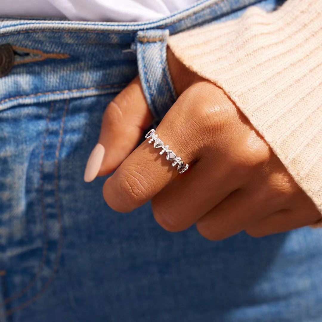 Row of Zircon Cross and Heart Sterling Silver Ring