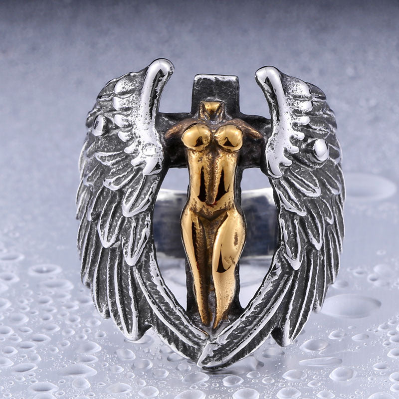 Vintage Angel Wings Men's Ring - Customizable Titanium Steel Cross Band