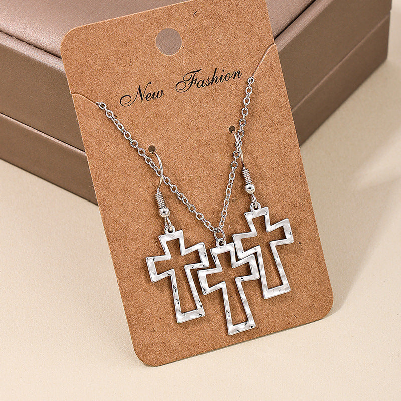 Bohemian Hollow Cross Necklace and Earrings Set with European Charm