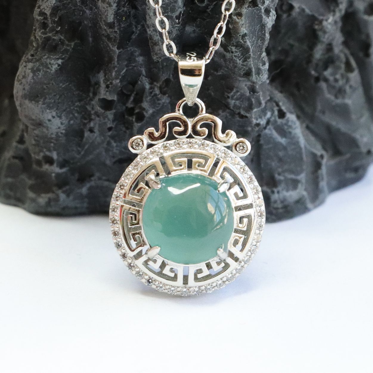 Sterling Silver Necklace with Natural Jade Beads and Hollow Circle Pendant