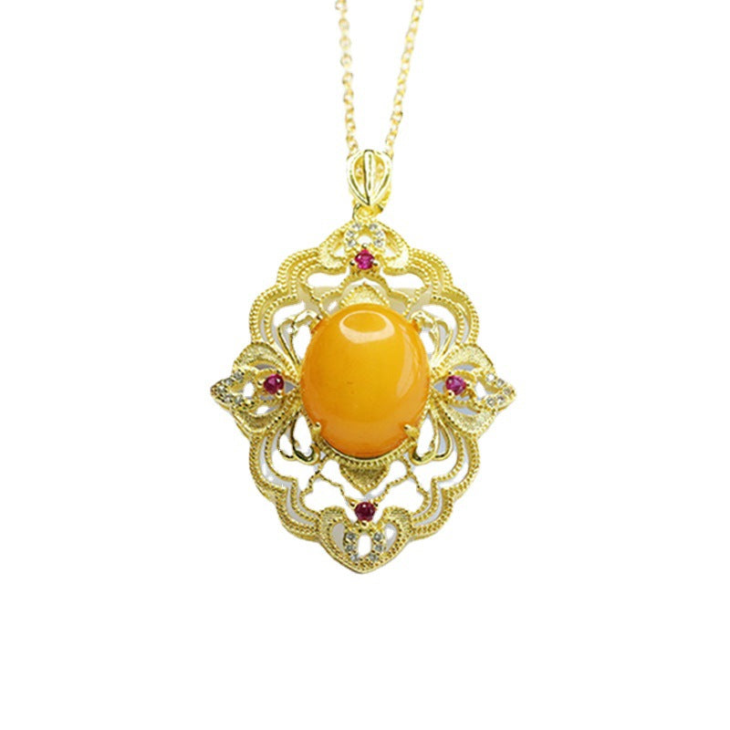 Floral Sterling Silver Necklace with Honey Amber Pendant