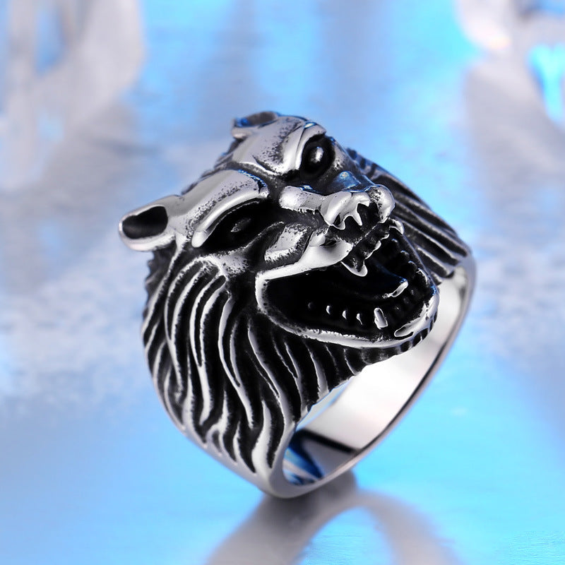 Retro Men's Titanium Steel Wolf Head Ring - European and American Style Wholesale