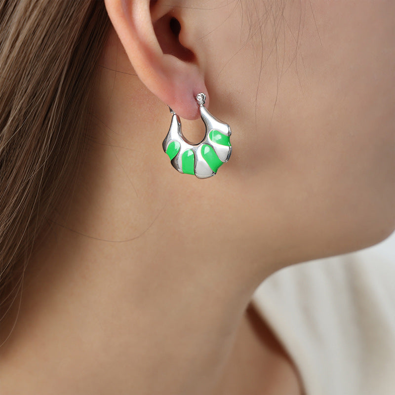 Golden Fan-shaped Enamel Earrings - Exquisite High-End Design for Stylish Women