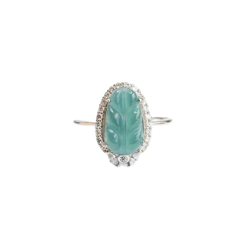 Sterling Silver Adjustable Ice Blue Green Jade Leaf Ring