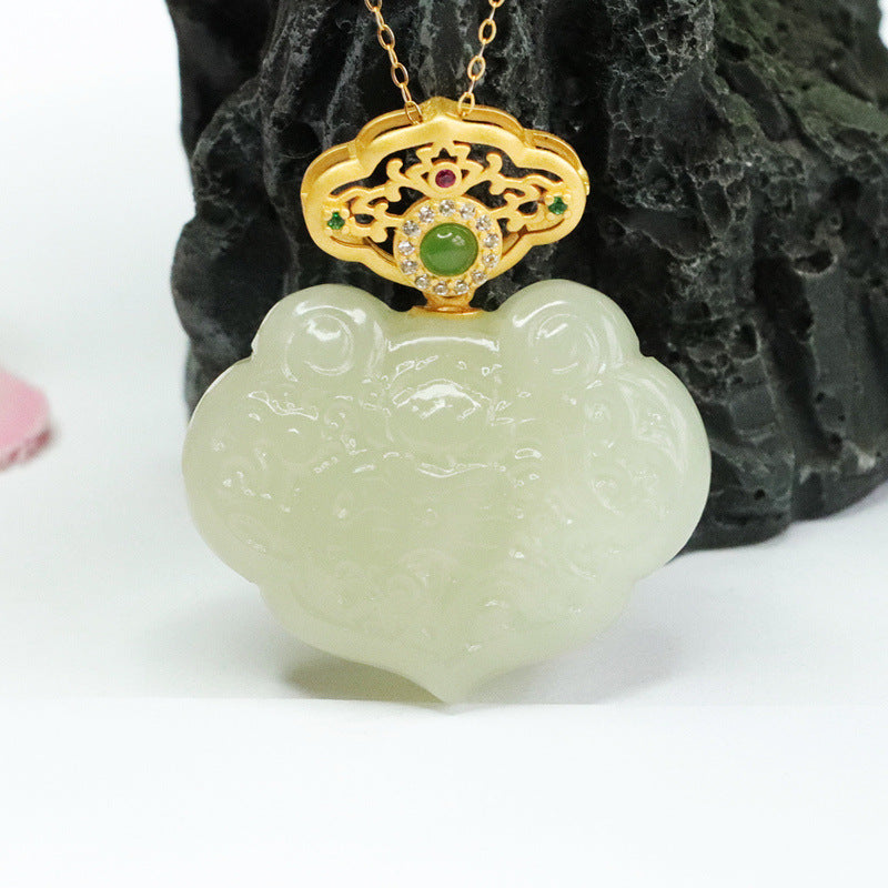 Sterling Silver Lotus Ruyi Pendant Necklace with Natural Hetian Jade