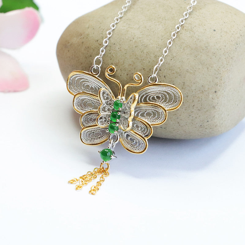 Icy Emperor Green Jade Butterfly Necklace with Gold Trim