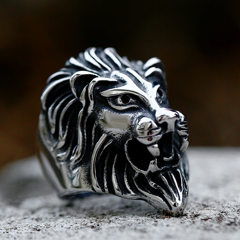 Bold Titanium Steel Lion Head Ring for Men - Exaggerated Animal Design, Sizes 7-13