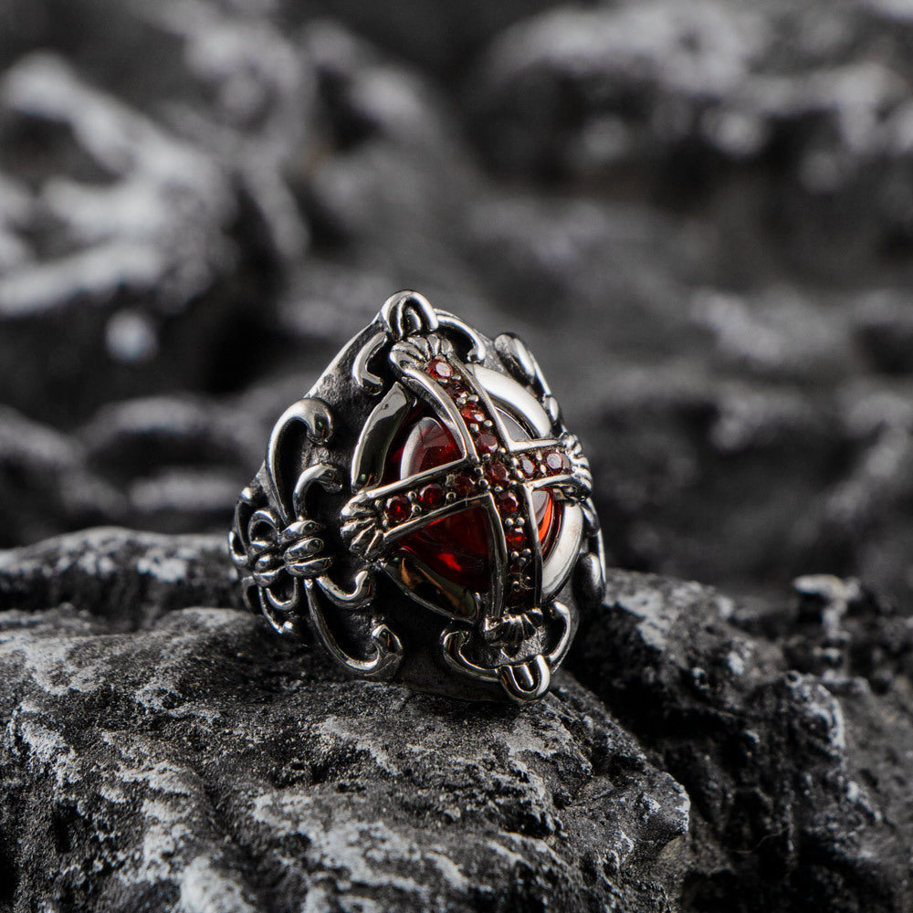 Gothic Crown Ring for Men with Dominant Red Zircon in Titanium Steel