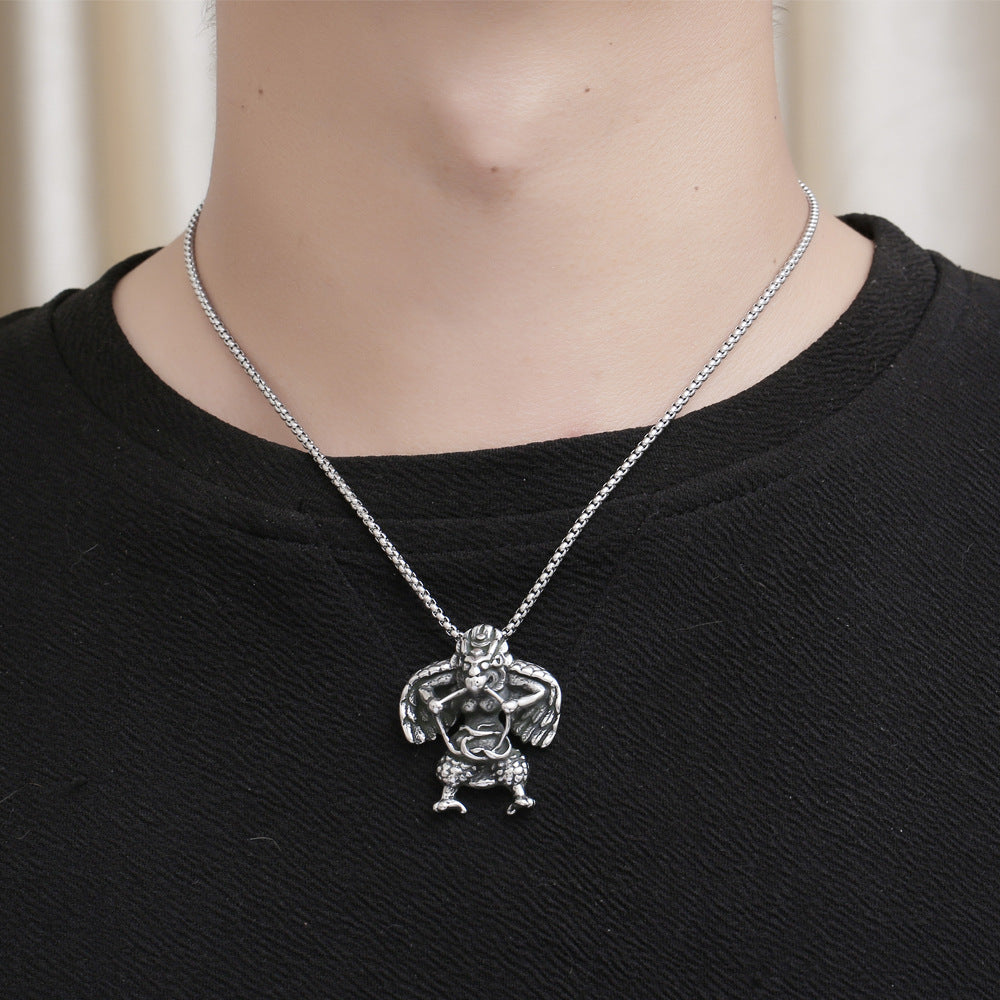 Customizable Titanium Steel Hip-Hop Necklace with Retro Buddha and Bird Pendant for Men