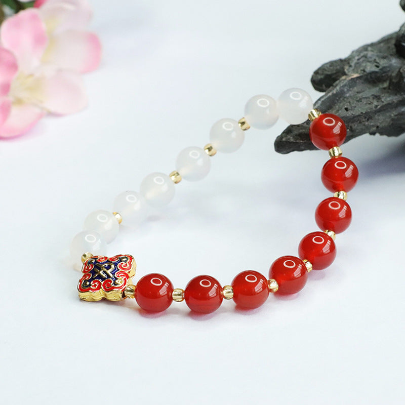 Auspicious Cloud Clover Bracelet with Red Agate and White Chalcedony