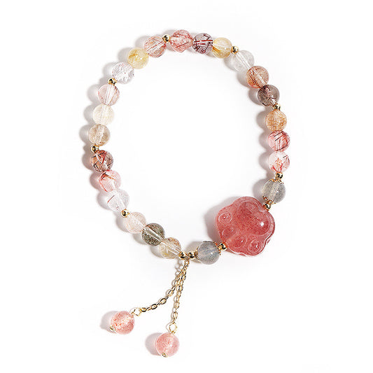 Strawberry Crystal Tassel Bracelet with Cat Claw Design