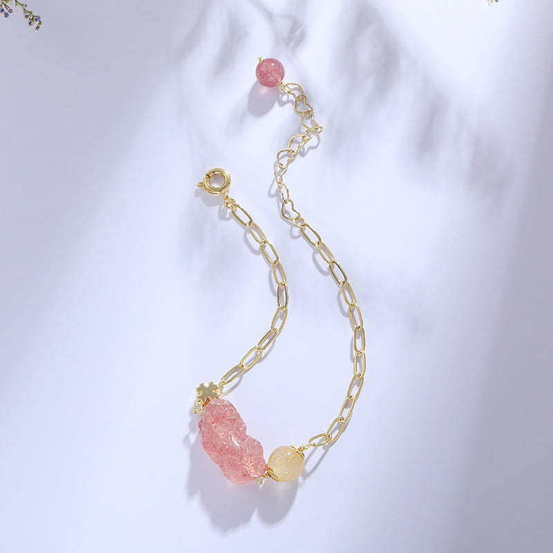 Strawberry Crystal Pixiu Bracelet with Sterling Silver Needle