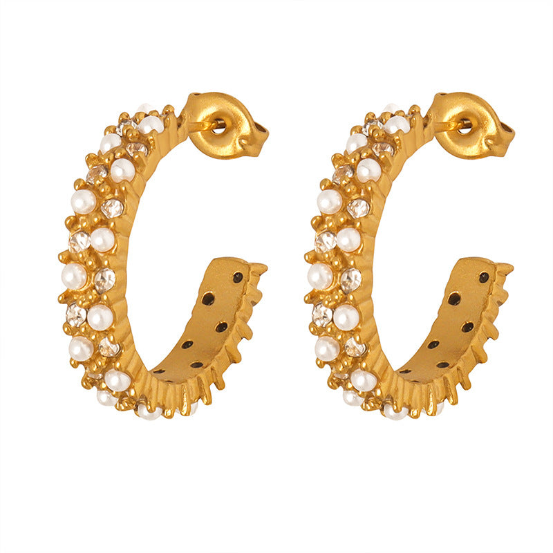 Retro Style Zircon and Pearl Earrings in Titanium Steel with Gold Plating