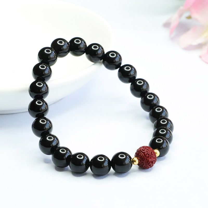 Black Agate and Purple Gold Sand Bead Sterling Silver Bracelet