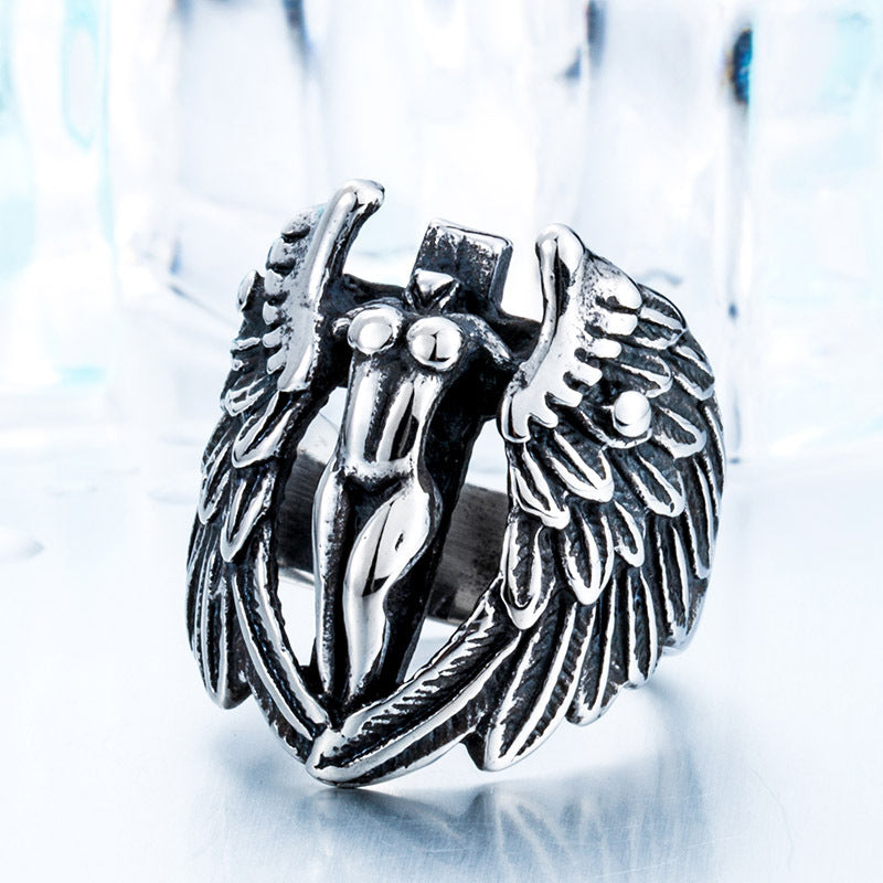 Retro European and American Angel Wings Stainless Steel Ring for Men - Personalized Titanium Cross Design