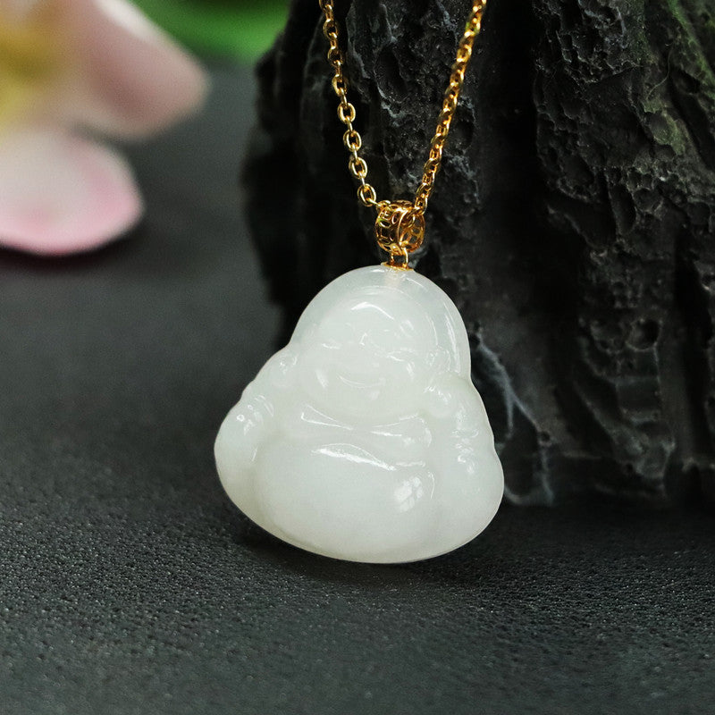 White Jade Buddha Necklace crafted with Natural Hotan Jade