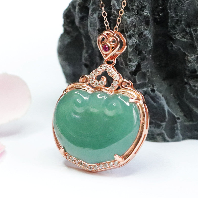 Ice Blue Green Ruyi Jadeite Pendant Necklace with Zircon on Silver Chain